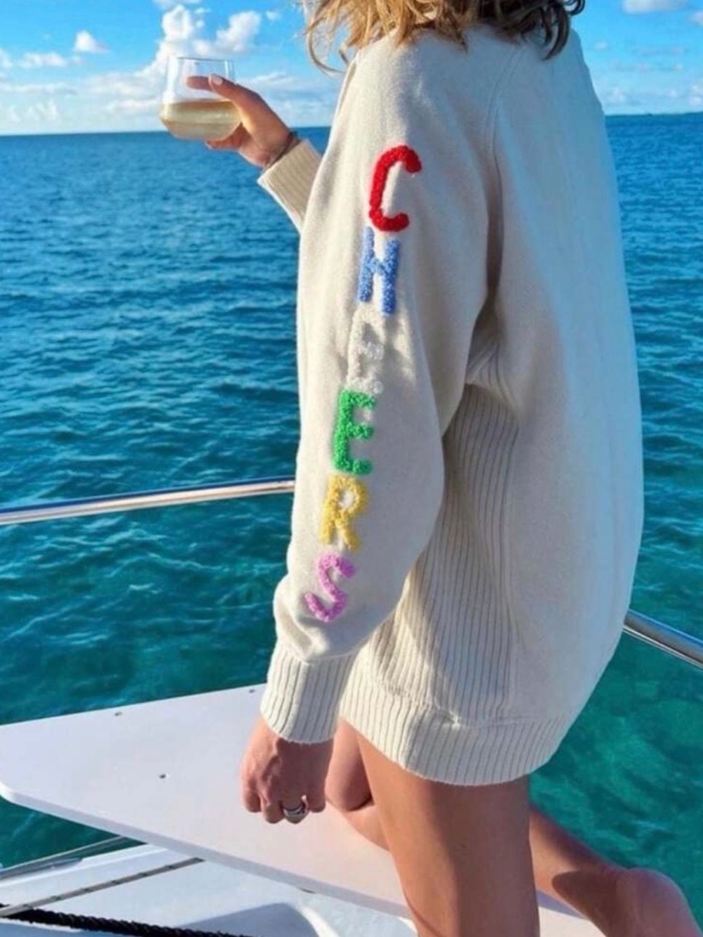 aerie Cream 'CHEERS' Embroidered Sleeve Crewneck Sweater